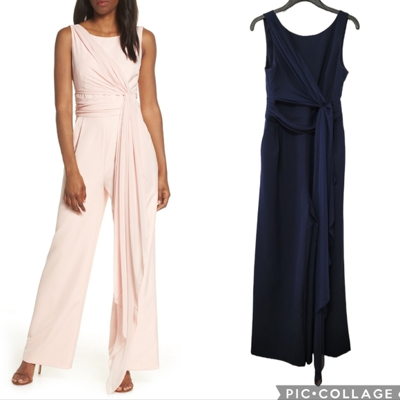 Eliza J Wide Leg Formal Jumpsuit Navy Size 4 Cascading Tie Asymmetric Wedding - Picture 1 of 15